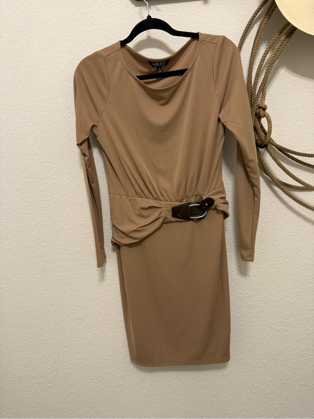 LAUREN Ralph Lauren Tan Long-Sleeve Belted Sheath Dress
